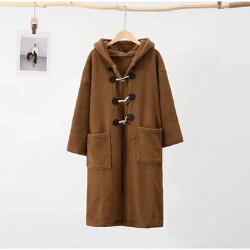 Getadme-Faux Woolen Long Coat Women Long Sleeve Big Pocket Hoodies Outwear Autumn Winter Thickening Warm Loose Lady Jackets